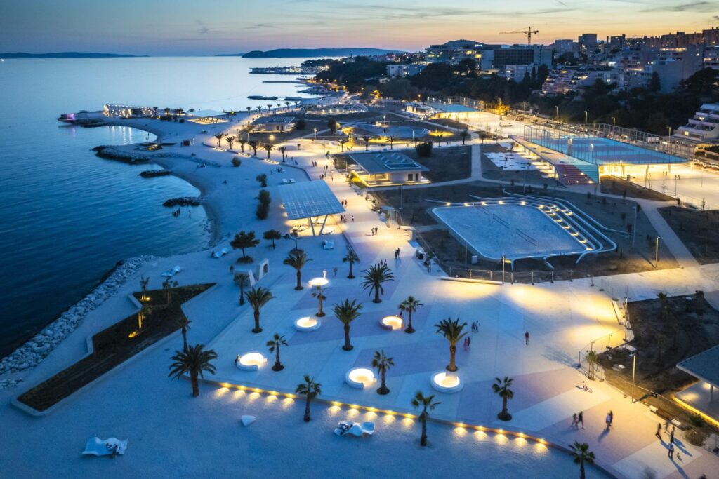 Žnjan Beach Split Croatia bike-friendly coastal promenade cycling route sports courts Adriatic coast